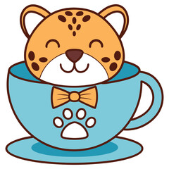 Cartoon Leopard in Blue Cup with Bow Tie and Paw Print, Cute Character