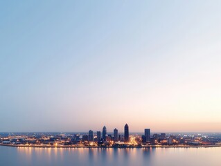 Fototapeta premium Serene city skyline at dusk with twinkling lights and vibrant colors reflecting the beauty of urban night life