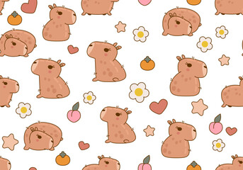 Seamless pattern with cute and funny capybara characters. Cute capybara animal character rodent. Vector illustration. Cute animals cartoon seamless background, texture, backdrop