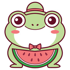 Adorable Cartoon Frog Wearing Bow Tie and Hat Holding Watermelon Slice Isolated