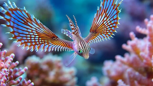 Striking lionfish gracefully glides through vibrant coral reefs in tropical waters
