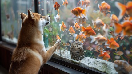 Dog standing hind legs one paw placed TV screen displaying moving fish head