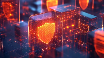 Data visualization of cybersecurity threat layered shields network intrusion patterns abstract design