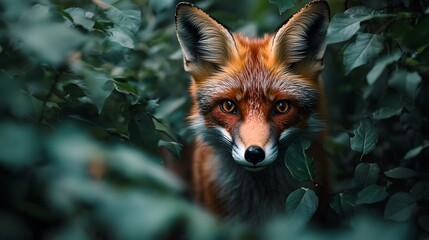 A close-up of a red fox with intense eyes, peering out from a bed of green leaves