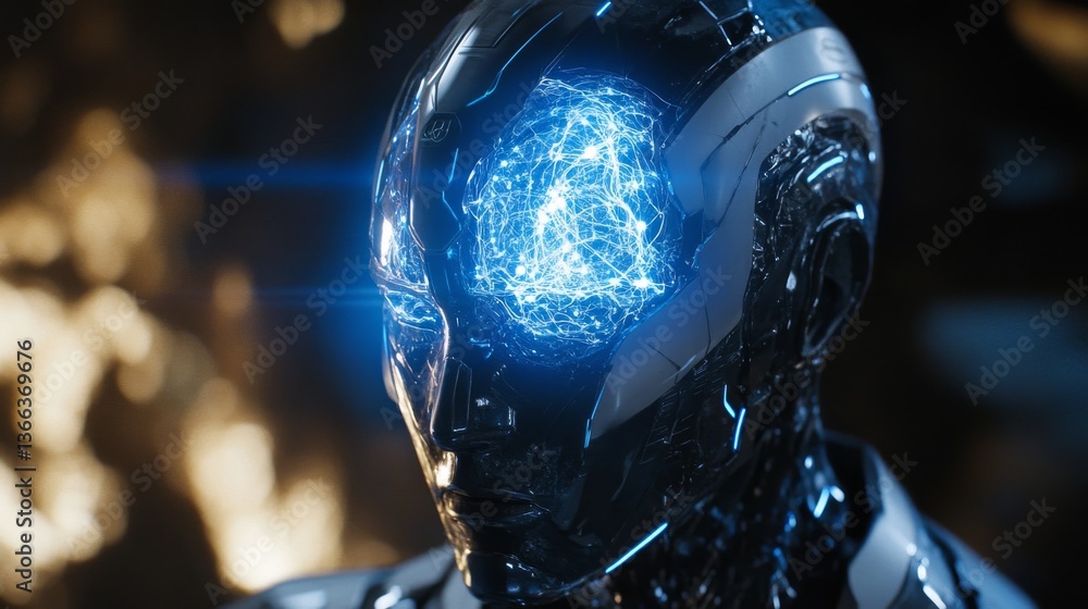 Poster a cybernetic humanoid figure showcasing a glowing, illuminated brain-like structure, symbolizing adv