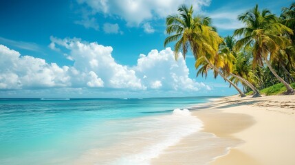 a breathtaking tropical beach scene with turquoise water, golden sand, and lush palm trees under a bright blue sky dotted with fluffy clouds