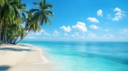 Papier peint photo  Serene tropical beach with crystal-clear water, palm trees and clear blue sky. This idyllic beach evokes feelings of peace and tranquility  © nirabs_creative