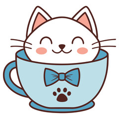 Cute White Cartoon Cat Inside a Blue Tea Cup with a Bowtie ©  Design_ mn