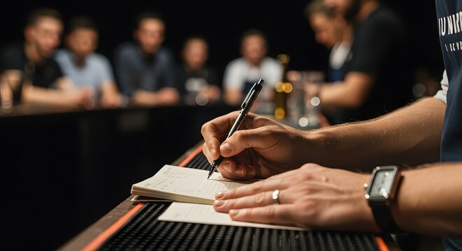 Focused bartender taking notes at a bar with customers in background