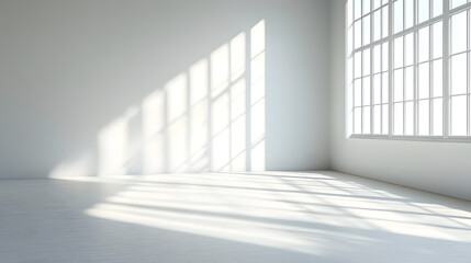 A clean, white room with sunlight streaming in through the window, casting shadows on an empty wall