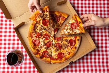 Hands sharing pepperoni and sausage pizza on checkered tablecloth