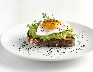 Stylized tabletop photography of an avocado toast with black sprinkled seeds and a sunny-side-up