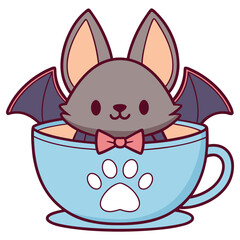 Teacup Cartoon Bat Kawaii Style in Blue Cup with Cute Paw Print and Pink Bow Tie