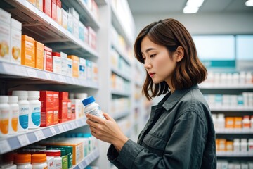 Young asian female browsing pharmacy shelves for supplements
