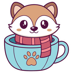 Fototapeta premium Cute Cartoon Fox in Cup with Scarf, Paw Print, Isolated on White Background