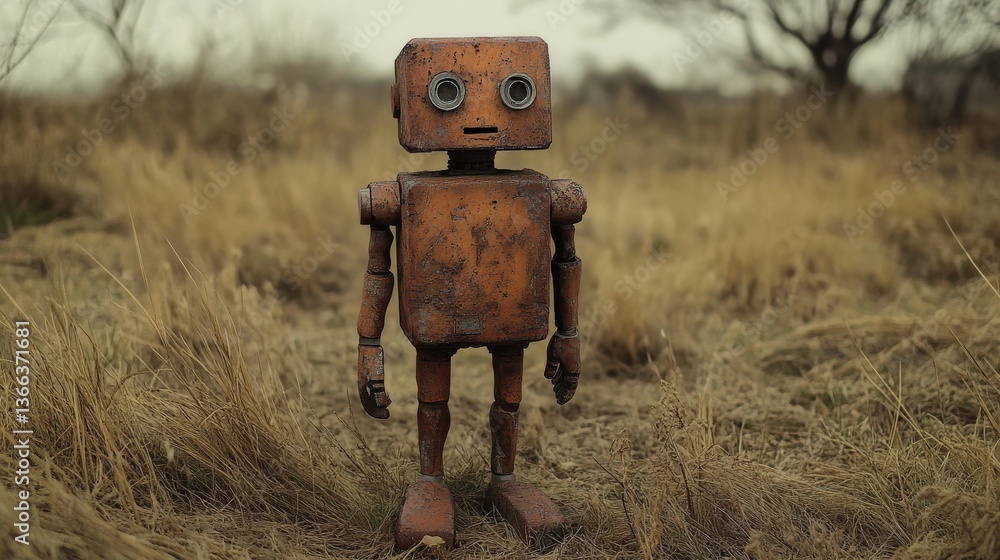 Poster a detailed view of a rusty humanoid robot in a barren field surrounded by dry grass, emphasizing the