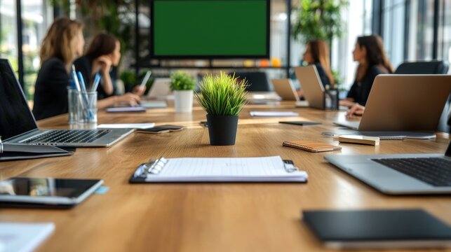 Corporate meeting involving technological devices and collaborative teamwork