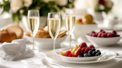 Elegant setting with champagne flutes, berries, pastry, flowers and fine dining