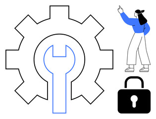 Gear and wrench represent configuration, lock symbolizes security, woman pointing denotes guidance. Ideal for technology, support, management, innovation, strategy cybersecurity settings. Flat