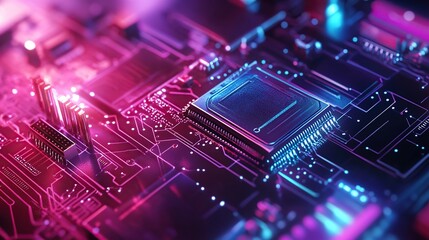 Fototapeta premium Blue computer circuit board with electronic components and processor chips