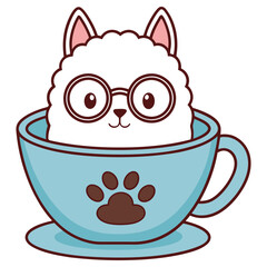Cartoon Cat with Glasses Inside a Blue Cup with Paw Print on White Background