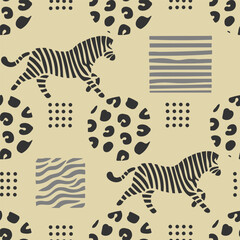 Hand drawn seamless pattern with animals in gray tones