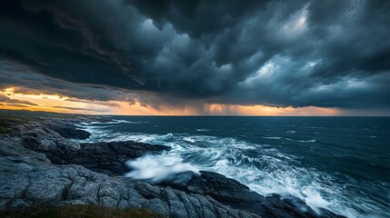 Fototapeta premium a dramatic coastal landscape with moody skies and rough seas, the rocks are hit by water