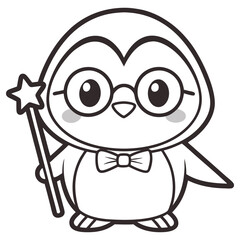 Outlined Penguin Character with Glasses and Bowtie on Transparent BG