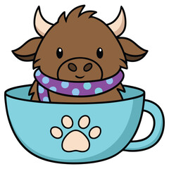 Cartoon Brown Highland Cow with Scarf Inside Light Blue Cup and Paw Print Design