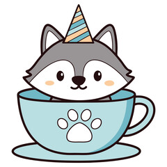 Cartoon Fox in Teacup with Paw Print & Striped Party Hat on White Background