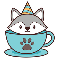Cute Cartoon Wolf Wearing Party Hat Inside Teal Coffee Cup on White