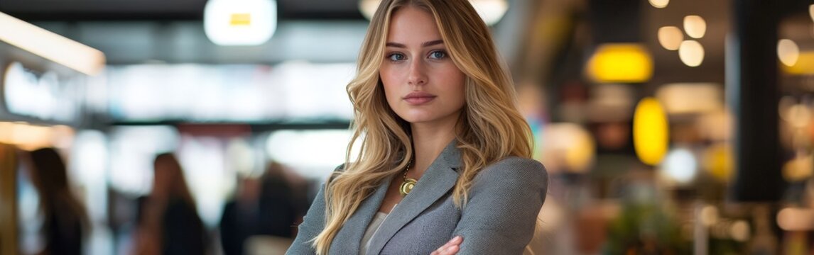 Businesswoman Wearing a Watch and Blazer with Her Arms Crossed in a Modern Office