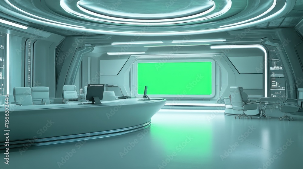 Poster futuristic command center with chroma key screen and minimalist design