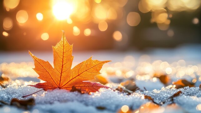 A glowing orange maple leaf rests on snowy ground, lit by warm sunlight, symbolizing the vibrant beauty of fall and the peaceful transition into winter.. AI Generation