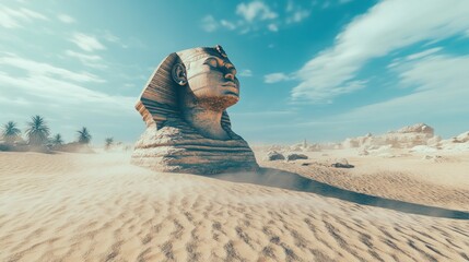 Ancient stone monument in desert landscape under a blue sky