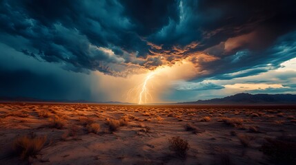 A stunning capture of lightning strikes over a desert landscape. The sky is filled with dark, dramatic clouds
