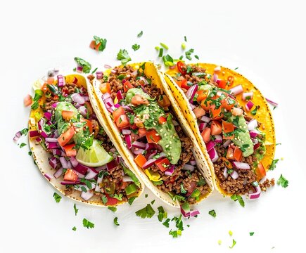 Trippy background, cinematic food photography, three tacos with ground beef and vegetables on a