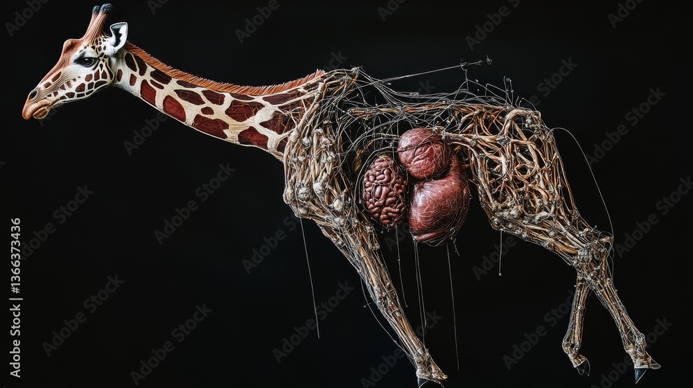 Poster artistic representation of a giraffe with an exposed internal anatomy made of wires, showing organs 