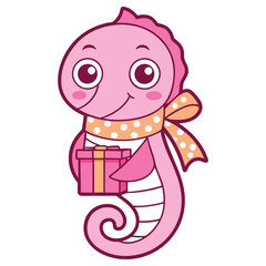 Joyful Pink Seahorse with Bow Tie Holding Gift Box on Transparent Background