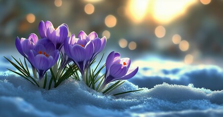 Vibrant Purple Crocuses Bloom Through the Snow at Dawn in a Serene Winter Landscape