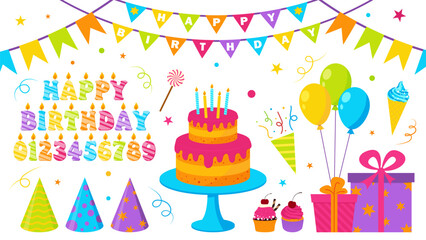 Set of decorative elements for children's birthday. Various items for the party. Gift, cake, balloon and garlands. Flat style. Vector illustration