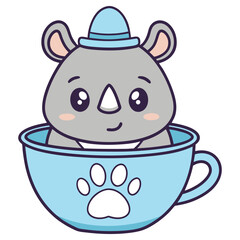 Cute Rhino Character Wearing a Blue Hat Inside a Tea Cup with Paw Print