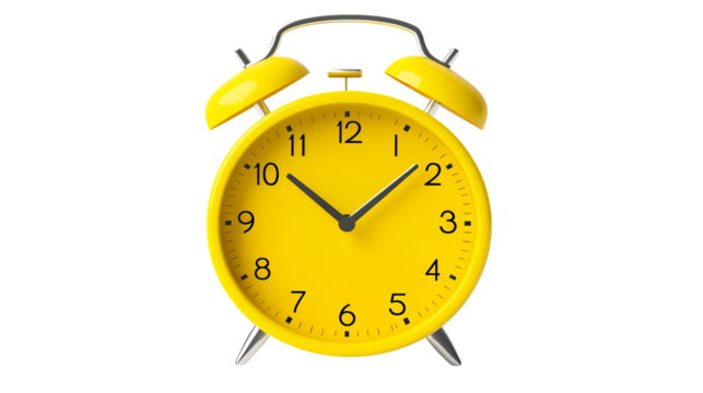 Yellow alarm clock showing ten past two, isolated, cut out transparent