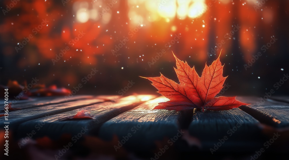 Poster autumn leaves resting on a wooden surface with a warm sunset in the background creating a serene atm