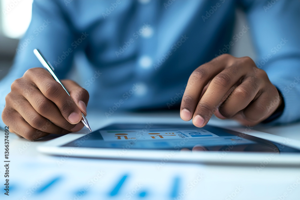 Poster close-up of hands using a stylus and touchscreen tablet to analyze financial data and business chart