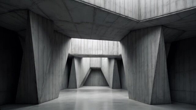 Massive empty interior with angular concrete structure, rough texture, sharp geometric shapes, low ceiling, minimalist industrial style, deep shadows, muted grayscale palette, contemporary modern