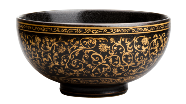 Bowl with intricate gold patterns on black, cut out transparent