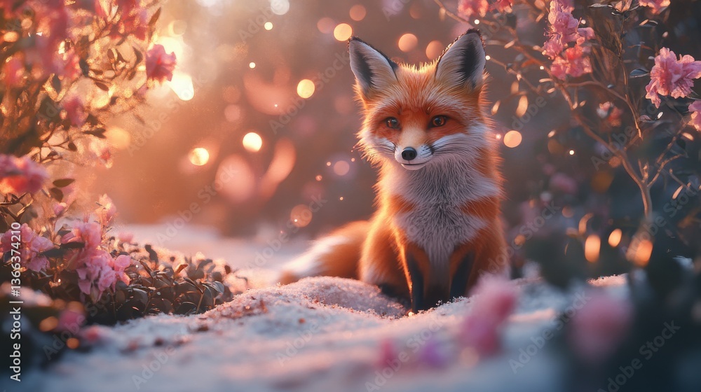 Poster a vibrant fox sitting in a colorful floral garden with glowing bokeh lights during golden hour, crea