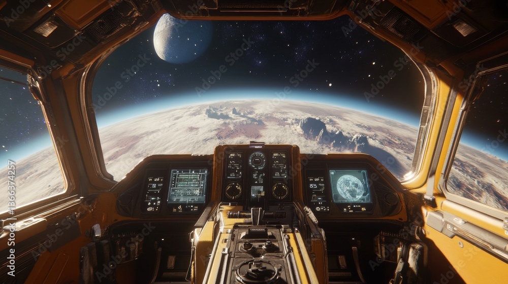 Poster interior of a spacecraft cockpit with futuristic controls, providing a breathtaking view of earth an
