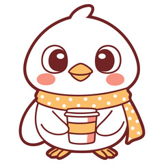 Charming White Cartoon Bird with Scarf Holding Coffee Cup on Transparent Background